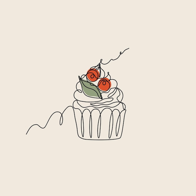 Sobremesa doce de cupcake estilo arte de linha com frutas e hortelã Ilustração vetorial minimalista para lo