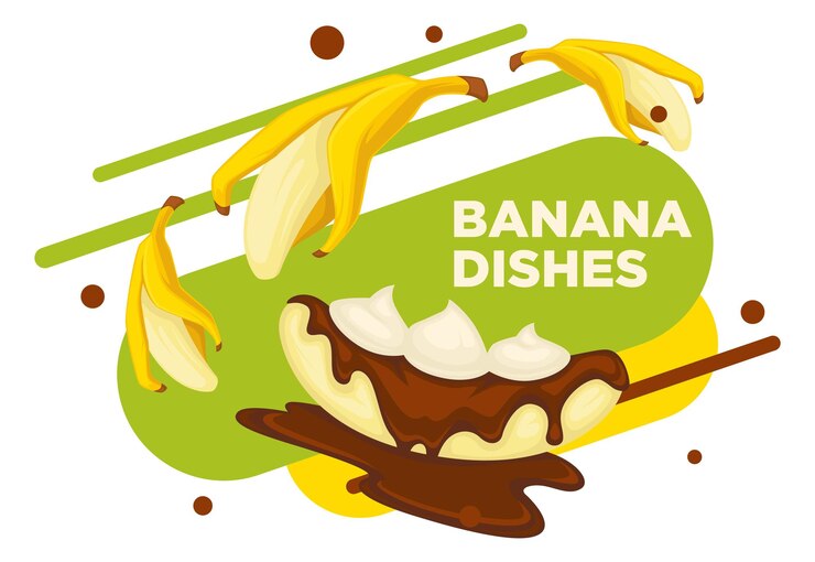 Vetor sobremesa exótica com banana, cobertura de chocolate e mousse. doces no café da manhã, jantar ou almoço. prato vegano cozinhado. menu de café ou restaurante, banner de propaganda ou cartaz. vetor em estilo simples