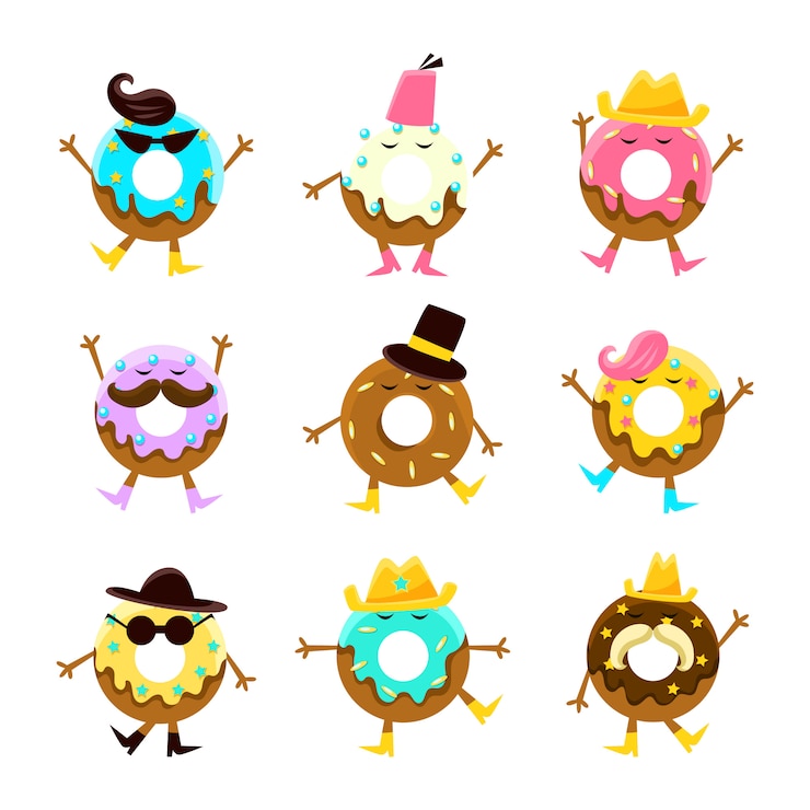 Vetor sobremesa humanizada dos desenhos animados personagens com braços e pernas com diferentes características faciais definido