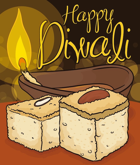 Vetor sobremesa tradicional barfi com amêndoas e lâmpada diya acesa para celebrar o festival de diwali