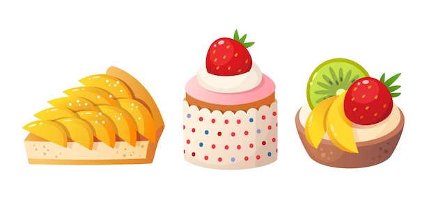 Sobremesas de frutas de verão. bolo de pêssego, torta de frutas e bolo de frutas. ilustração isolada.