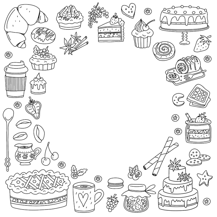Vetor sobremesas e produtos de padaria doodle elementos vector frame redondo