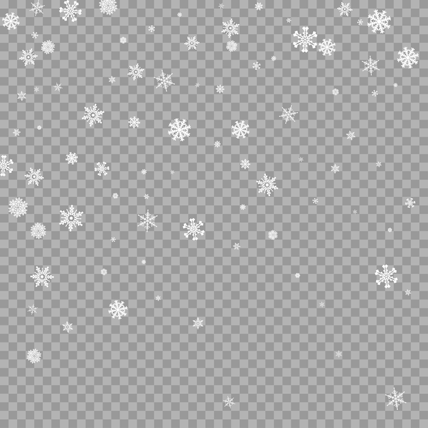Vetor sobreposição realista de floco de neve branco caindo em fundo transparente textura de pano de fundo de queda de neve