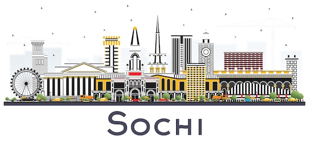 Sochi rússia city skyline com cor edifícios isolados no branco. ilustração vetorial. viagem de negócios e conceito de turismo com arquitetura moderna. paisagem urbana de sochi com pontos de referência.