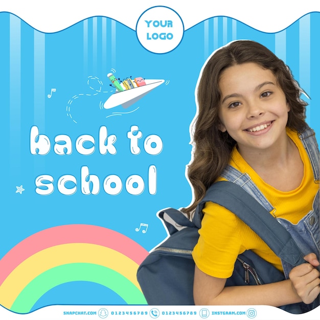 Social Media Design Instagram Menina feliz carregando saco escolar