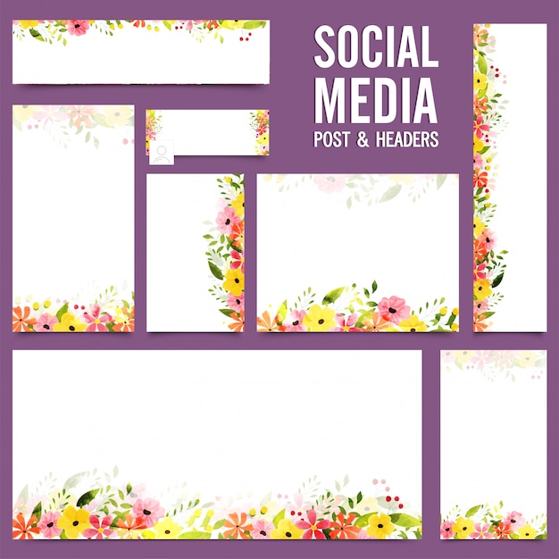 Social media post e headers com flores coloridas.