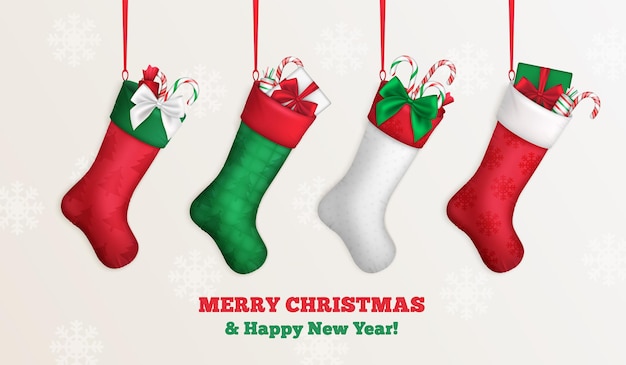 Sock de Natal banner 3d Santa meia pendurado meias com presente dentro na véspera de Natal realistas meias festivas para férias de inverno tradicional presente decente ilustração vetorial