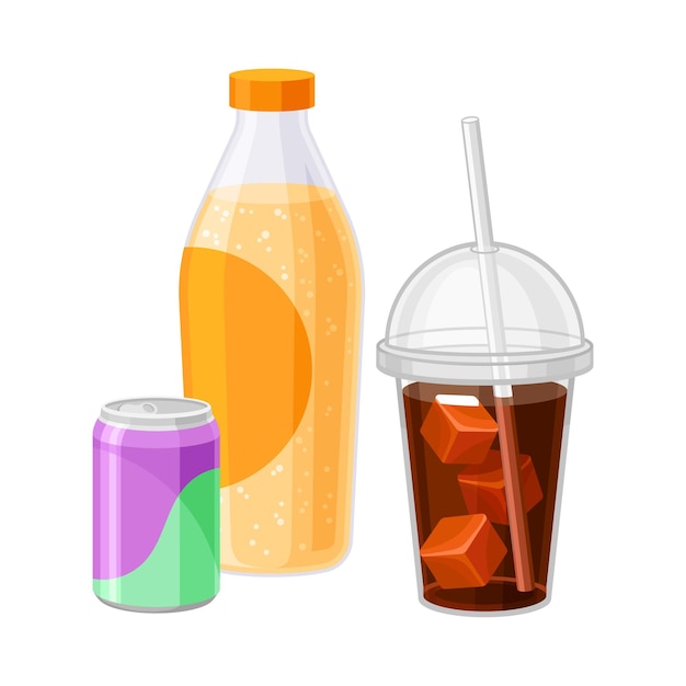 Soda espumante em lata e garrafa isolada em fundo branco Composição vetorial