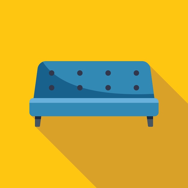 Sofa azul com pernas de madeira em pé sobre fundo amarelo