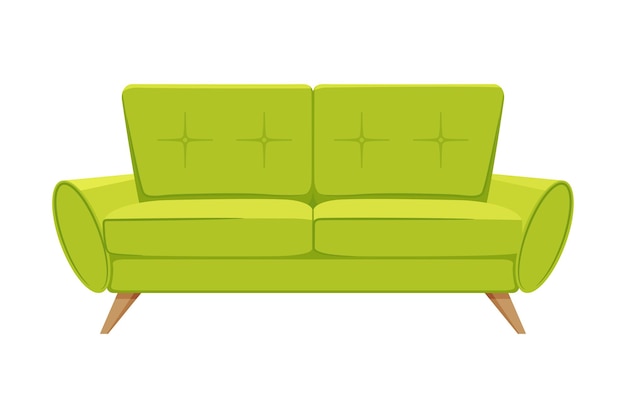 Vetor sofa confortável almofada móvel doméstico ou de escritório aconchegante com estofamento amarelo-verde elemento de design de interiores modernos ilustração vetorial plana