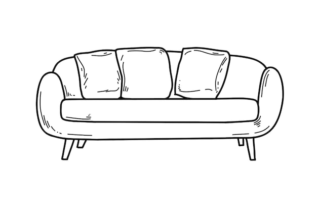 Sofa confortável e aconchegante com travesseiros em estilo doodle vetor preto e branco
