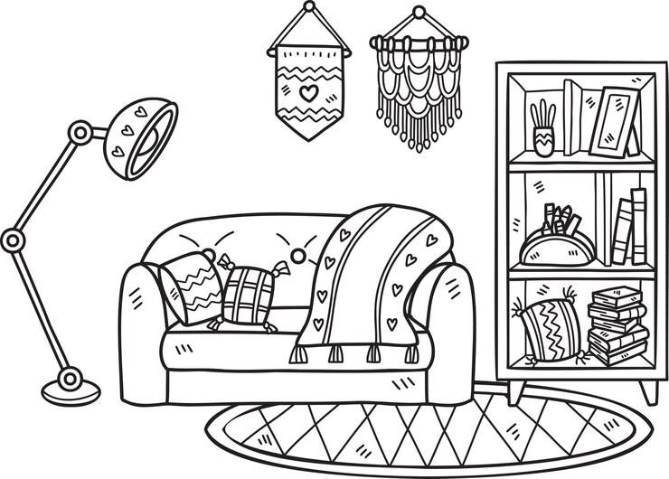 Vetor sofá desenhado à mão com lâmpadas e prateleiras ilustração interior do quarto
