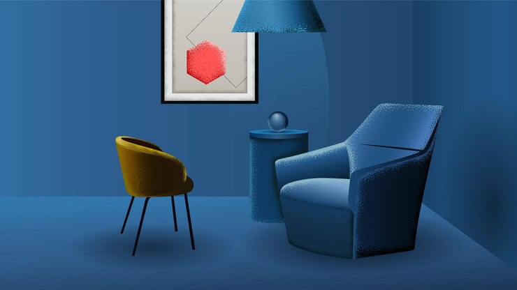 Vetor sofá e cadeira no fundo da parede azul design de interiores moderno ilustração vetorial de efeito de grão