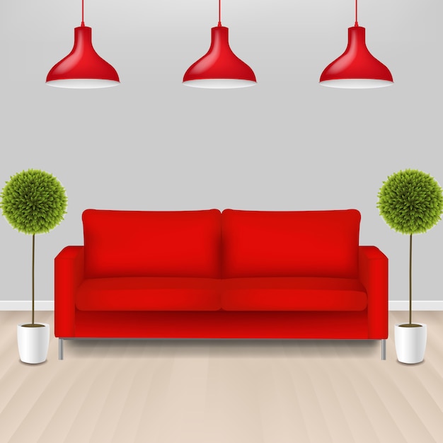 Sofá vermelho com lams com fundo cinza