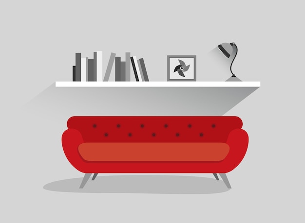 Sofá vermelho retrô e estante de livros com lâmpada Ilustração em vetor design plano