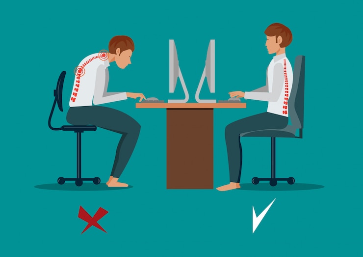 Vetor sofrendo de dor nas costas. empresário no trabalho. ilustração
