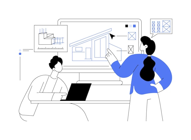 Software de arquitetura abstrato conceito vetor ilustração grupo de engenheiros trabalhando com software de arquitetura profissional modernas construções de tecnologia de TI na tela metáfora abstrata