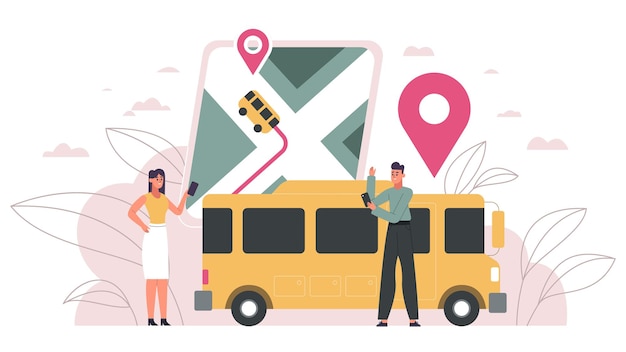 Software de rastreamento de ônibus escolar sistema de tecnologia de segurança para crianças Localização de crianças rastreador de gps aplicativo de navegação de ônibus móvel ilustração vetorial Tecnologia de segurança para crianças rastreamento de ônibus escolar