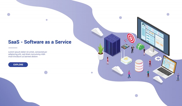 Software de Saas como um conceito de negócio de serviço com grande palavra com as pessoas da equipe para site de homepage site de aterragem de modelo com estilo moderno isométrico