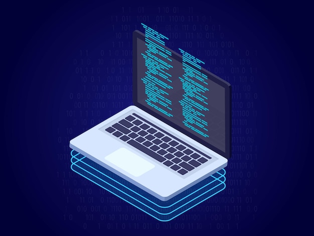 Software e programação Código de programação no ecrã do portátil em ilustração isométrica plana