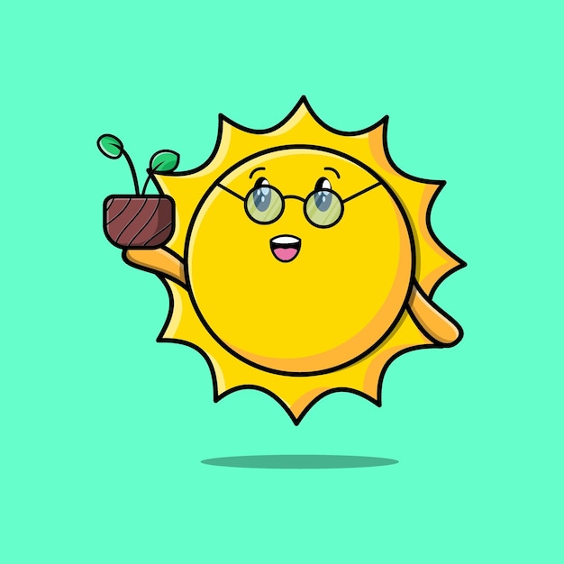 Vetor sol bonito dos desenhos animados segurando a planta em uma panela