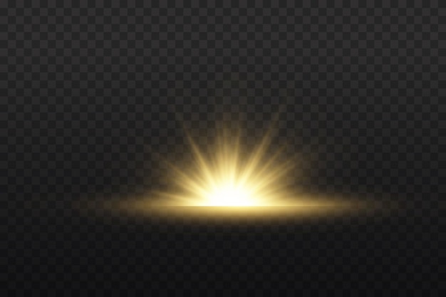 Sol brilhando transparente. Luz brilhante amarela explode em um fundo transparente.