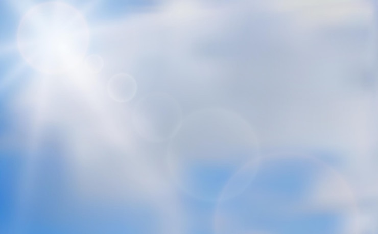 Vetor sol brilhante abstrato com nuvens e reflexo de lente em um céu azul. ilustração vetorial