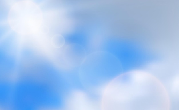 Vetor sol brilhante abstrato com nuvens e reflexo de lente em um céu azul. ilustração vetorial