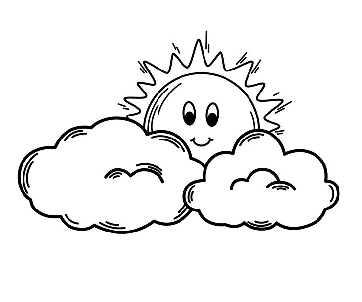 Vetor sol com uma nuvem previsão do tempo meteorológica line art símbolo de tempo nublado para impressão na web e aplicações ilustração vetorial no estilo doodle isolado no fundo branco