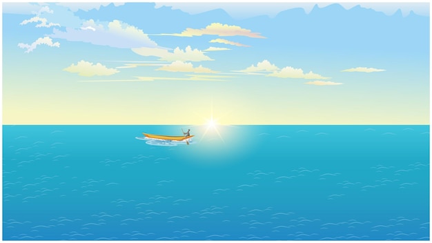 Vetor sol da paisagem do rio nascendo no rio e barco correndo na água azul para fundo de desenho animado