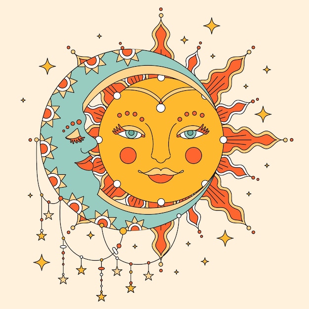 Vetor sol desenhado à mão e ilustração de desenho de lua