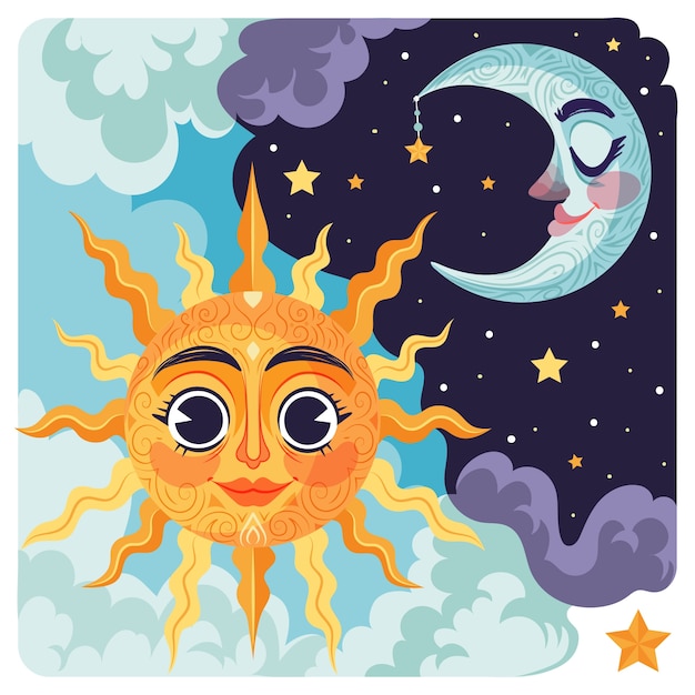 Vetor sol desenhado à mão e ilustração de desenho de lua