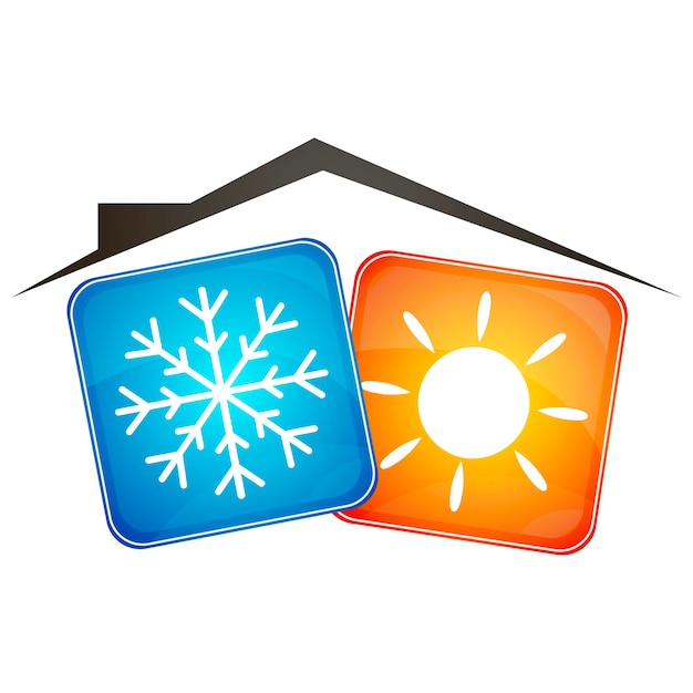 Vetor sol e floco de neve sob o telhado da casa assinam ar condicionado e aquecimento doméstico