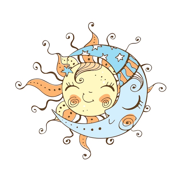 Sol e lua em um estilo fofo do doodle