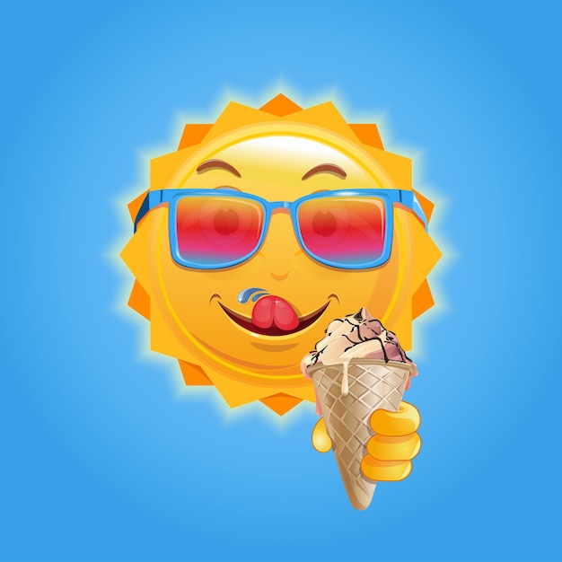 Vetor sol feliz bonito comendo sorvete saboroso