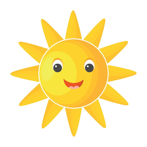 Vetor sol feliz bonito dos desenhos animados com rosto isolado no fundo branco. sol de clipart sombreado de verão