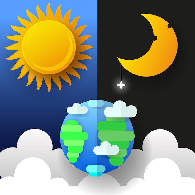 Sol, lua e estrelas. dia e noite vector banners isolados.