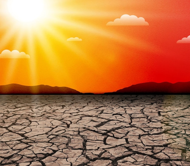 Sol quente. Onda de calor. Seca na natureza. Conceito de aquecimento global e mudança climática
