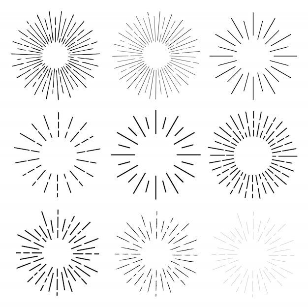 Vetor sol raios mão desenhada, desenho linear. mega set