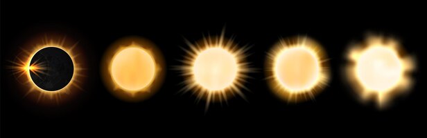 Vetor sol realista brilha sóis diferentes raios solares intensos e eclipse temporada de luzes naturais universo grande estrela conjunto de vetores