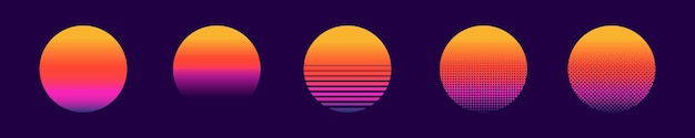Sol retrô dos anos 80 neon pôr do sol vintage design ilustração vetorial de fundo escuro