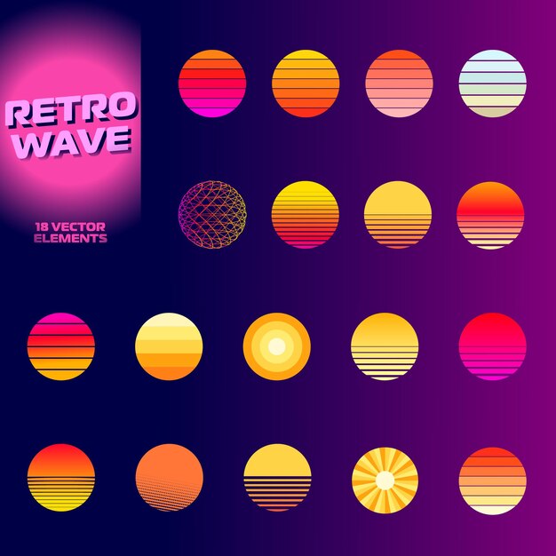 Sol retrô Pôr-do-sol retrô Caminhos de sol vintage no estilo dos anos 80 e 90