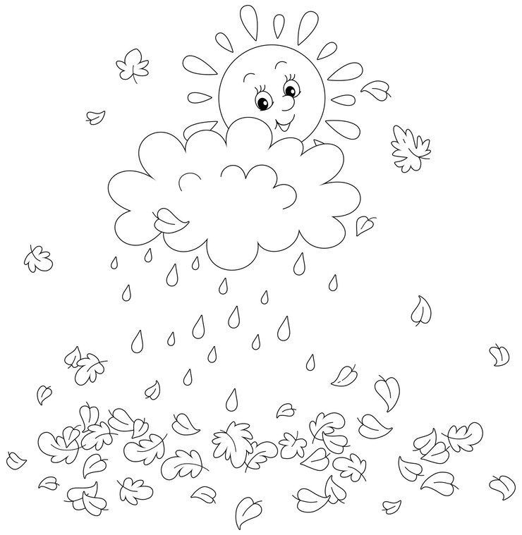 Vetor sol sorridente e fofo e uma pequena nuvem de chuva com gotas de chuva caindo sobre folhas de outono