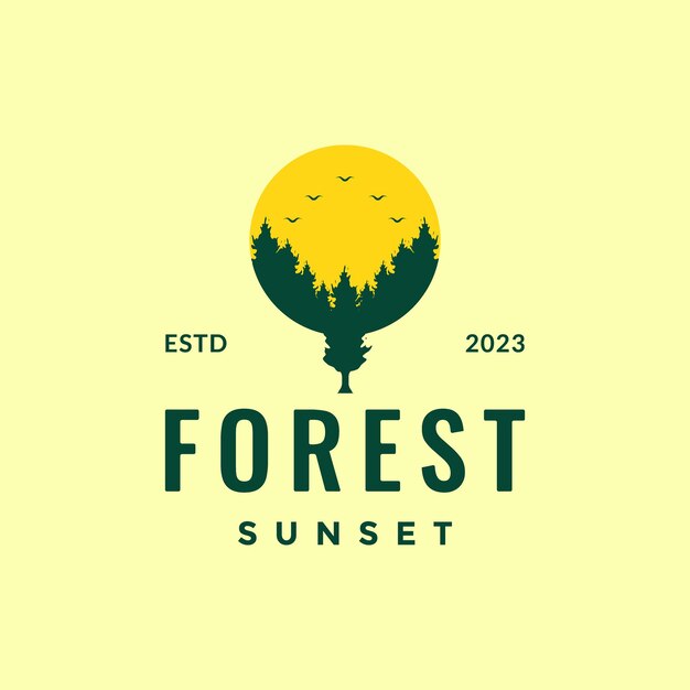 Vetor sol tarde pôr do sol floresta árvore pinheiro com colônia de pássaros estilo hipster logotipo colorido design ilustração de ícone vetorial