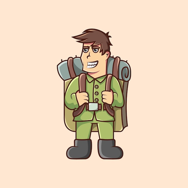 Soldado bonito com o personagem de desenho animado de uma sacola de camping