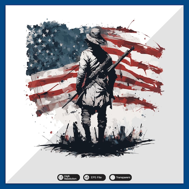 Soldado colorido com desenho de camiseta vetorial da bandeira americana