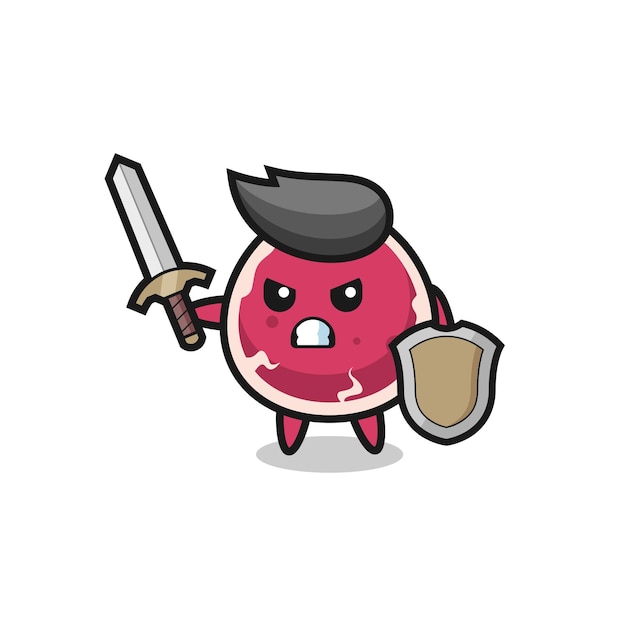 Soldado de carne fofo lutando com espada e escudo, design de estilo fofo para camiseta, adesivo, elemento de logotipo
