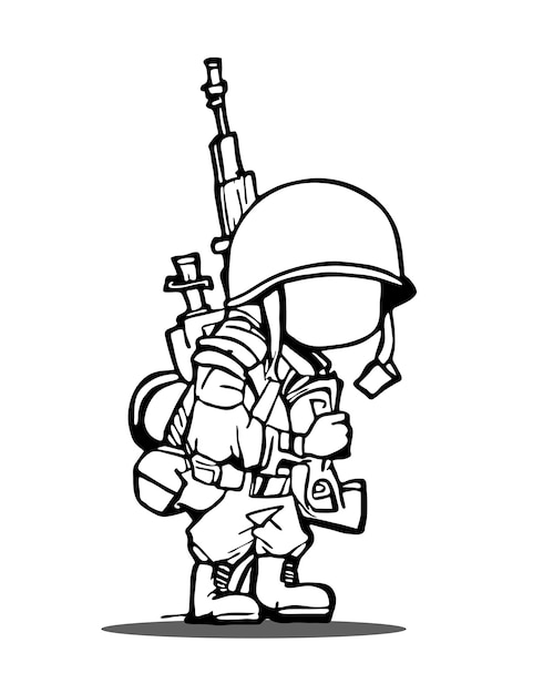 Vetor soldado de guerra personagem de quadrinhos de desenho animado arte vetorial pronta para colorir símbolo de eu odeio a guerra