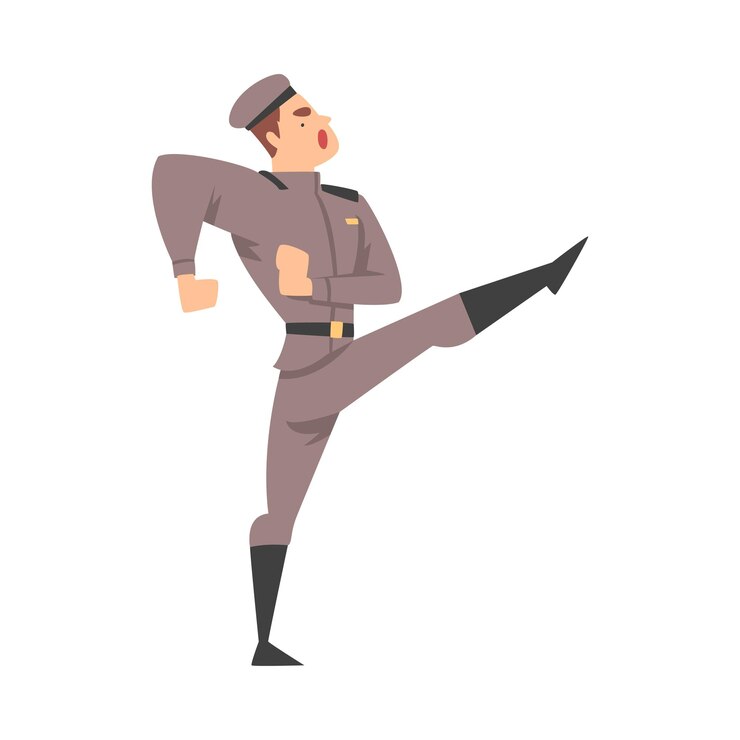 Vetor soldado do exército marchando infanteria homem militar personagem em uniforme ilustração vetorial de estilo desenho animado
