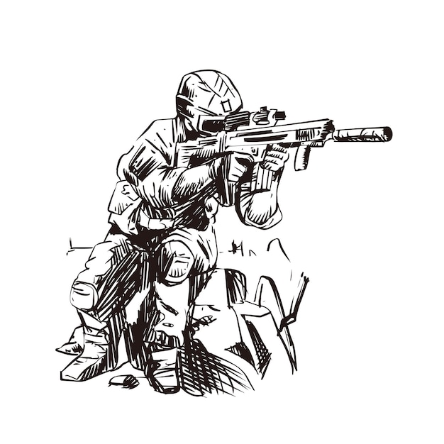 Vetor soldado dos eua com rifle em fundo branco ilustração vetorial